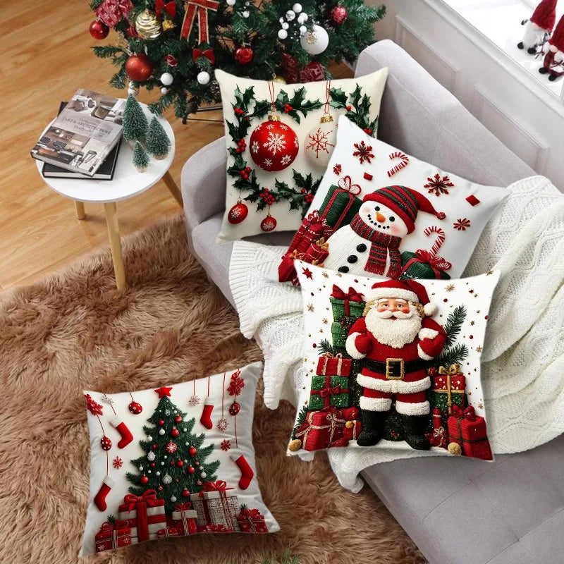 Snowman Print Christmas Linen Throw Pillowcase