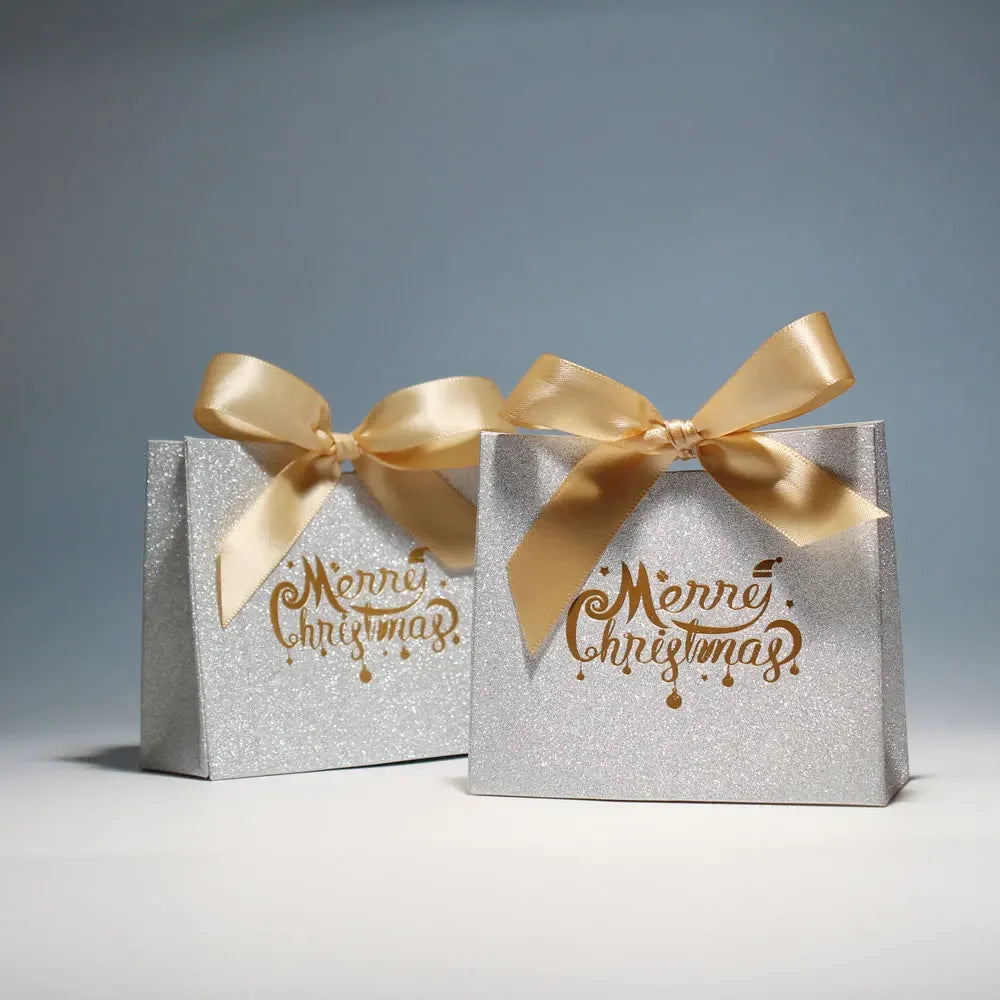 Merry Christmas Gift Box and Bags with Ribbon for Wrapping Cookies and Candy Box Christmas Gift Bags Gold Foil Design and Ribbon