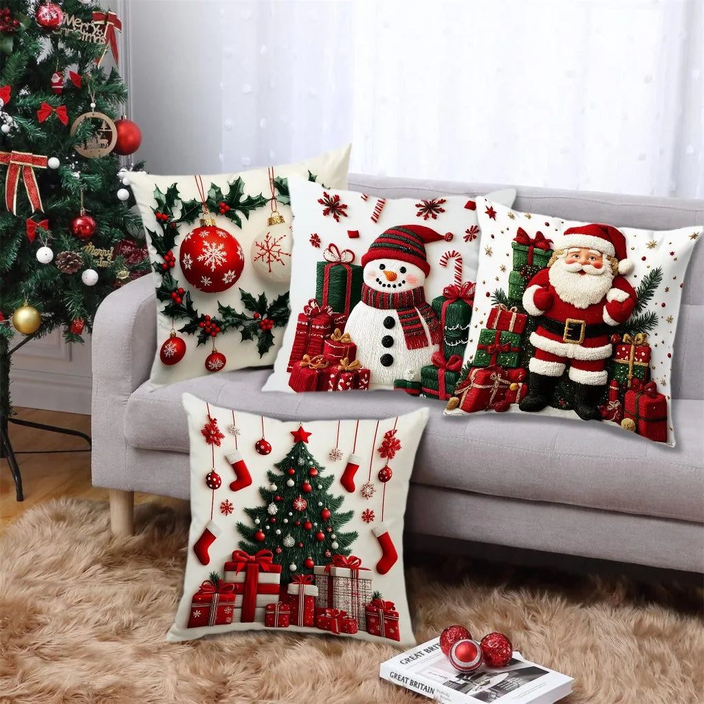 Snowman Print Christmas Linen Throw Pillowcase