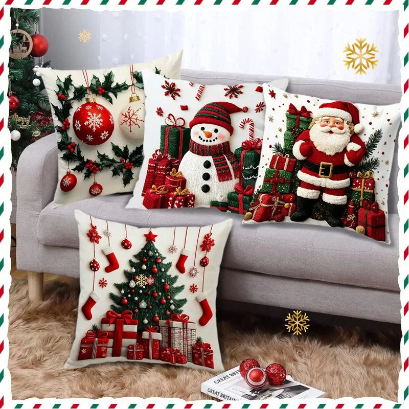 Snowman Print Christmas Linen Throw Pillowcase