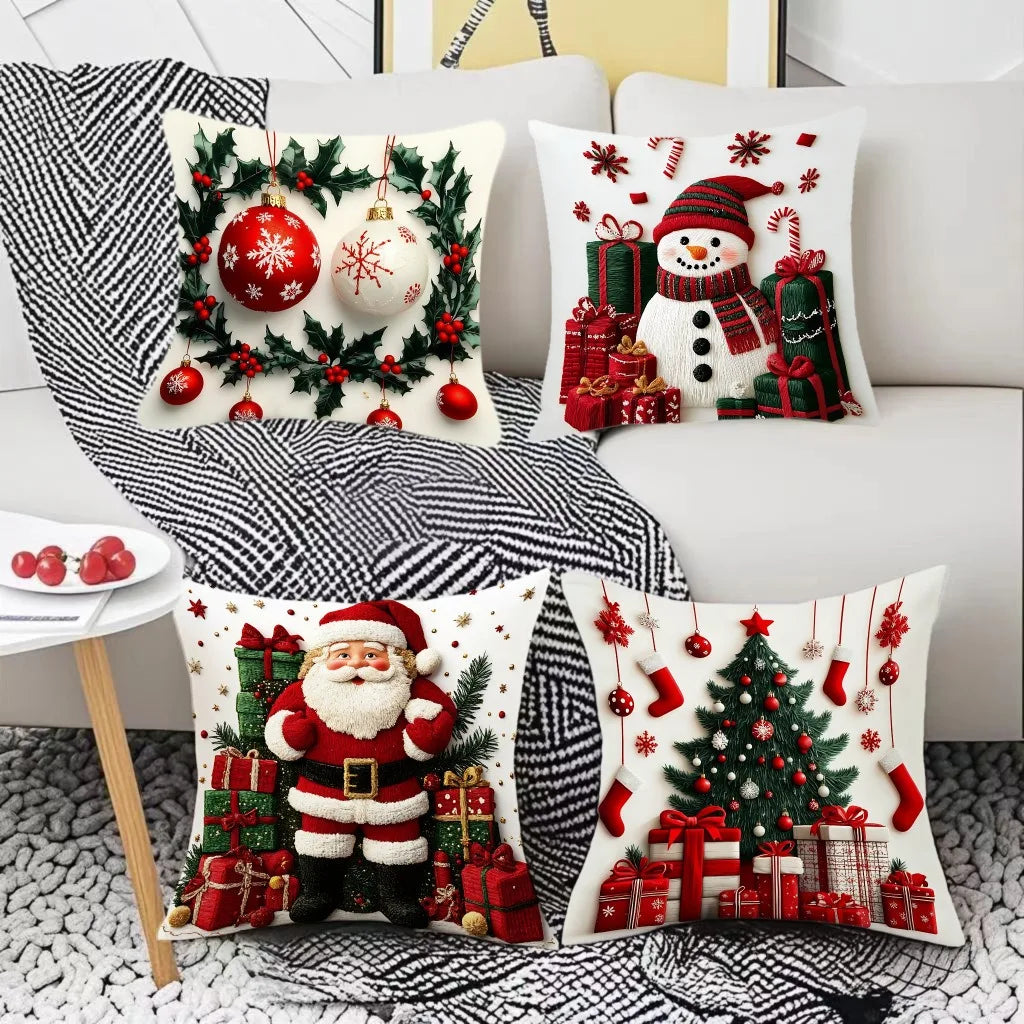 Snowman Print Christmas Linen Throw Pillowcase